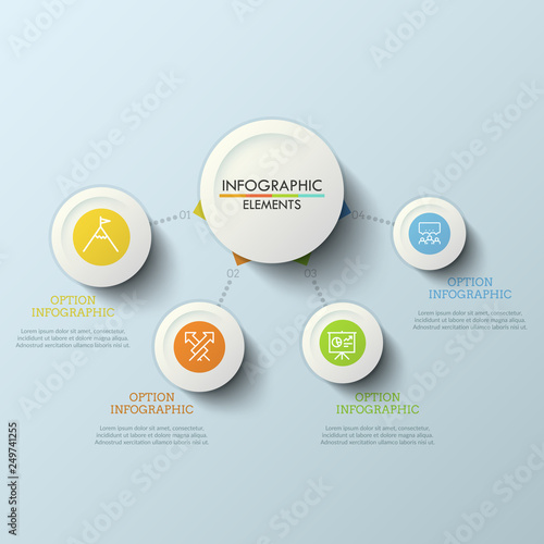 Workflow diagram, main circle connected with 4 round elements by dotted lines. Four steps to success concept. Creative infographic design template. Vector illustration for brochure, presentation.