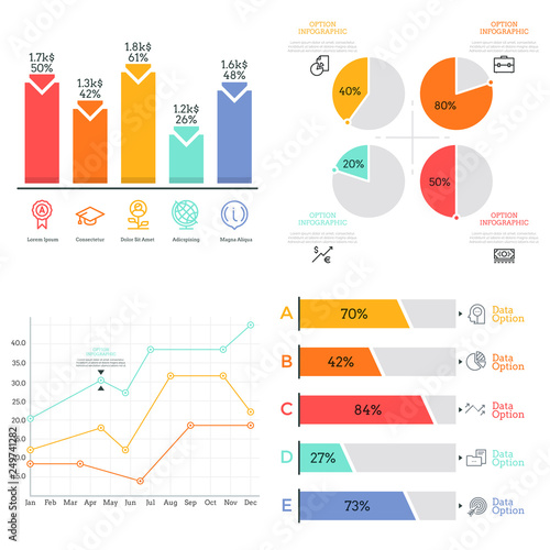 Collection of flat colorful diagram, bar and line graph, pie chart elements. Statistical data visualization concept. Simple infographic design template. Vector illustration for report, brochure.