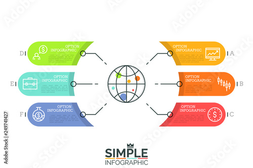 Globe surrounded by 6 colorful elements with place for text and thin line pictograms. Global financial data and economic development concept. Minimal infographic design layout. Vector illustration.