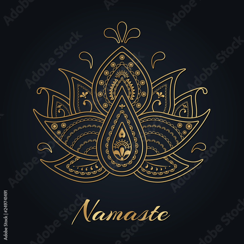 indian lotus with namaste word. Cute folk vector illustration on dark background