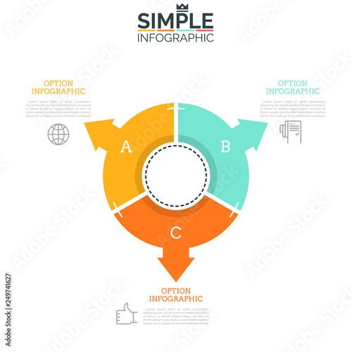 Round chart divided into 3 sectors with arrows pointing at text boxes and thin line symbols. Concept of pointer with three different options. Simple infographic design layout. Vector illustration.