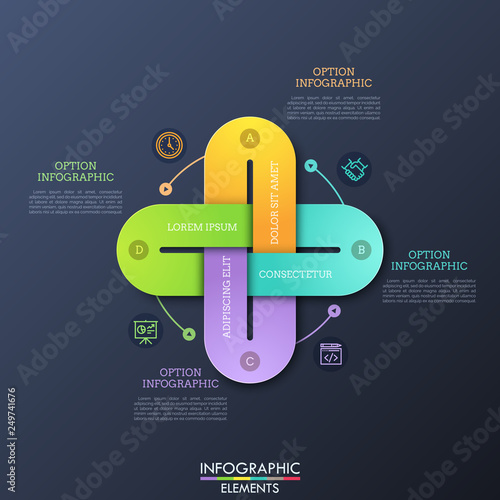 Creative infographic design template with 4 multicolored chain links connected together, thin line icons and text boxes. Four qualities of business project concept. Vector illustration for brochure.