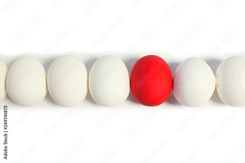 Red easter eggin one line with white eggs, in white background