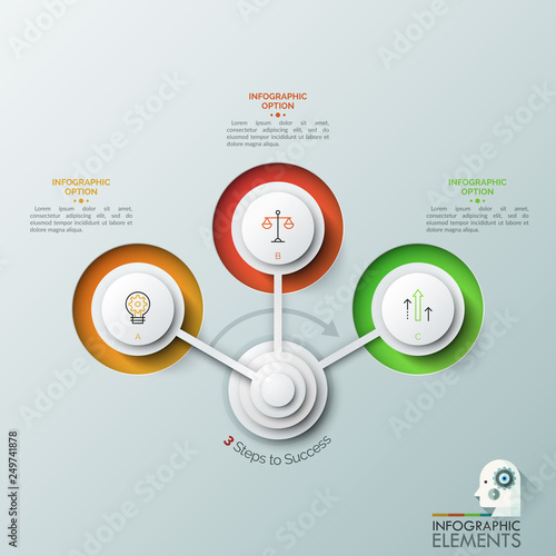 Three circles with thin line pictograms placed in semicircle around center and text boxes. Concept of 3 successive steps to increase in sales. Realistic infographic design layout. Vector illustration.