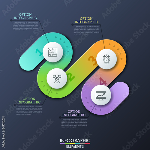 Modern infographic design template in shape of curved path with 4 numbered steps, thin line symbols and text boxes. Concept of four obstacles to successful business development. Vector illustration.