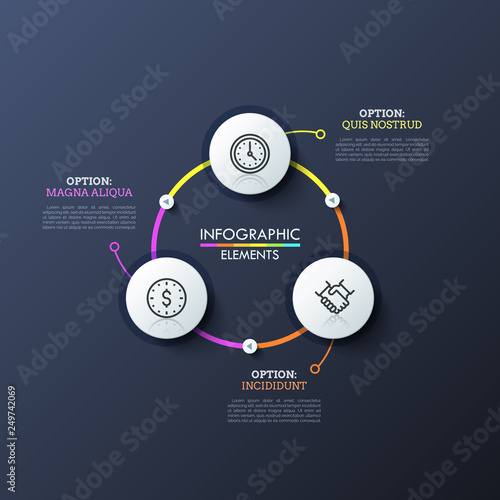 Three white circles with linear icons inside connected by bright lines and play buttons. Modern infographic design layout. Concept of website interface element with 3 options. Vector illustration.