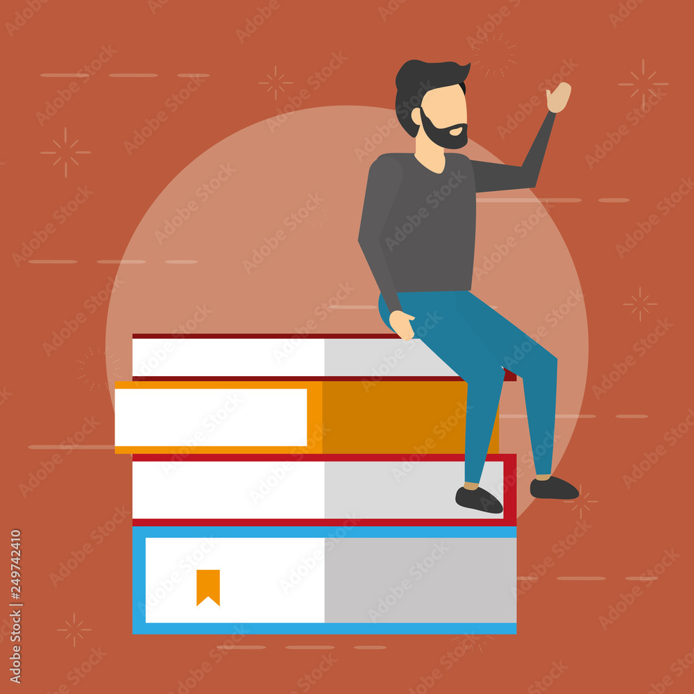 man sitting on books stack