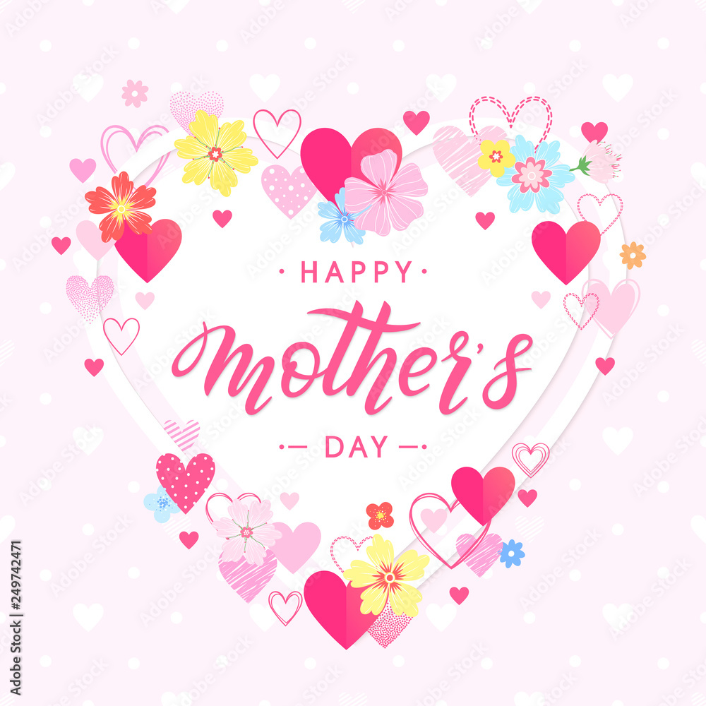 Happy Mothers Day typography.Happy Mothers Day - hand drawn lettering with floral elements flowers ahd hearts.Seasons greetings card perfect for prints,banners,invitations,special offer and more.