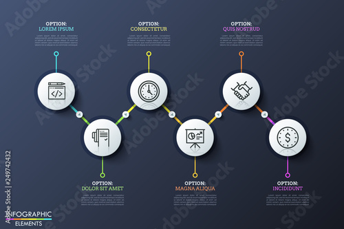 Six round elements with icons inside placed in zigzag course and connected by lines and play buttons. Business development steps. Modern infographic design template. Vector illustration for report.