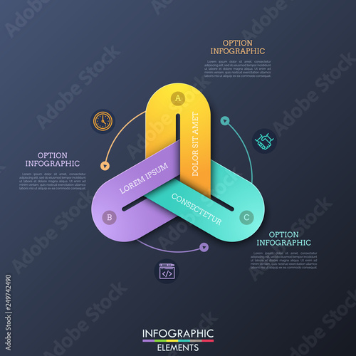 Modern infographic design templates with 3 colorful chain links connected together, thin line pictograms and text boxes. Three interdependent features of business process concept. Vector illustration.