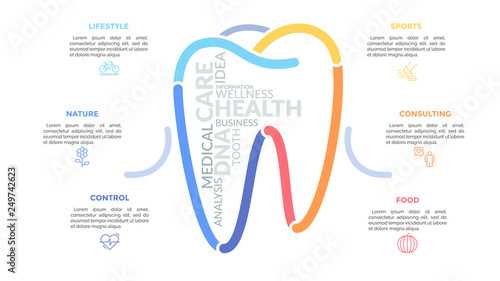 Multicolored lines forming tooth sign surrounded by linear icons and text boxes. Concept of healthcare, dental health and medical service. Modern infographic design template. Vector illustration.