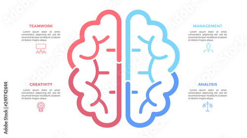 Silhouette of human brain drawn with colorful lines, linear icons and text boxes. Concept of brainstorming, modern thinking and neuroscience. Creative infographic design layout. Vector illustration.