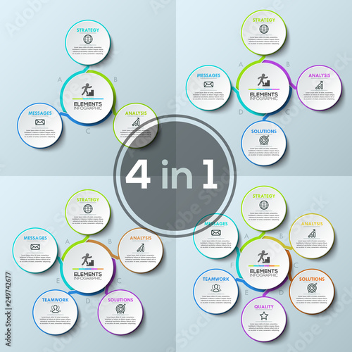 Set of four flower petal diagrams with 3, 4, 5 and 6 round lettered elements placed around central one, thin line pictograms and text boxes. Creative infographic design templates. Vector illustration.