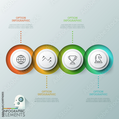 Four overlapping translucent round elements with linear pictograms inside placed in horizontal line and text boxes. Concept of 4 successive steps to project completion. Vector illustration for report.