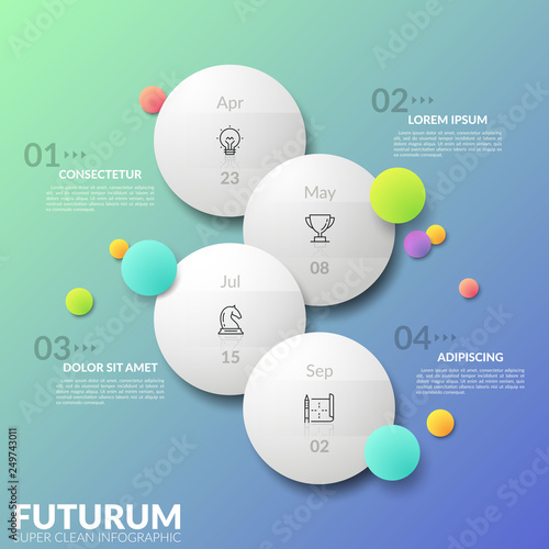 Vertical timeline. Four separate staggered round elements with thin line pictograms and date indication inside. Concept of daily planner. Futuristic infographic design template. Vector illustration.