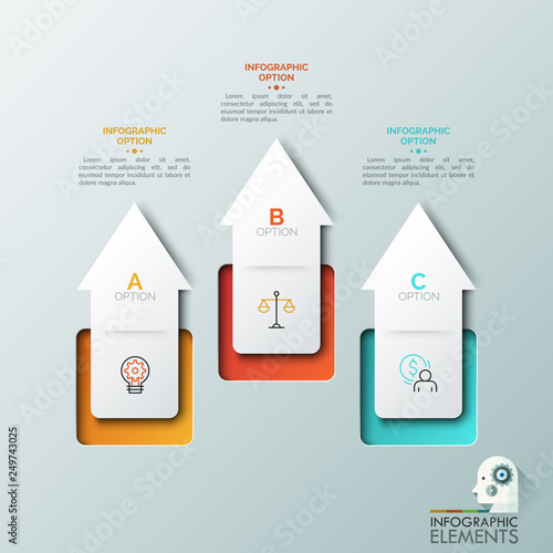 Three white arrows pointing upward, thin line signs and text boxes. Concept of 3 main factors of business growth. Creative infographic design template. Vector illustration for presentation, brochure.