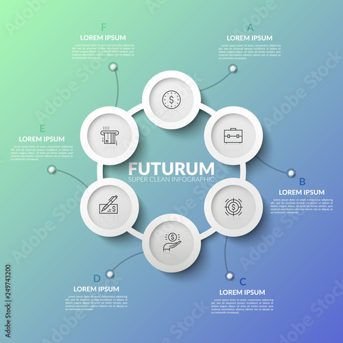 Ring-like chart with 6 round elements connected by line, linear symbols and text boxes. Concept of six features of income growth process. Minimalistic infographic design layout. Vector illustration.