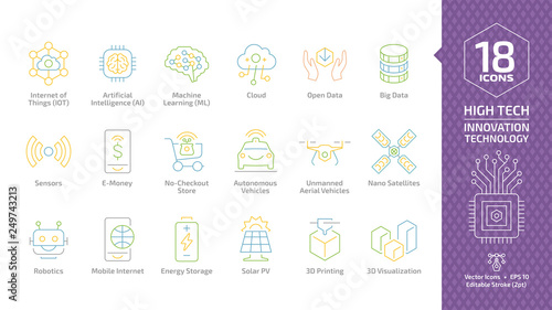 Vector innovation technology editable stroke color line icon set with high tech digital system, open and big data, sensors, e-money, no-checkout store, autonomous vehicle, uav and more outline symbols