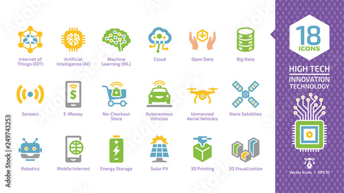 Vector innovation technology color glyph icon set with internet of things, artificial intelligence, machine learning, cloud computing, open data, sensors and more high tech smart digital symbols.