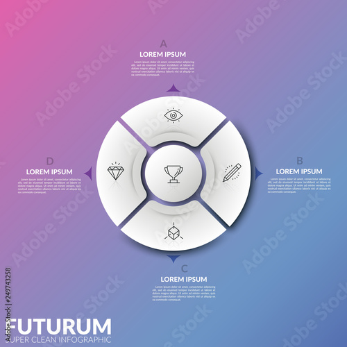 White realistic round pie chart with 4 equal sectors, thin line pictograms, circular element in center and arrows pointing at text boxes. Futuristic infographic design template. Vector illustration.