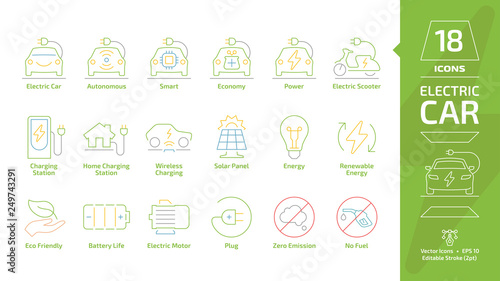 Electric vehicle and charger editable stroke outline color icon set with green eco electricity hybrid car, charging station, power energy plug, battery and zero emission line colorful symbol.