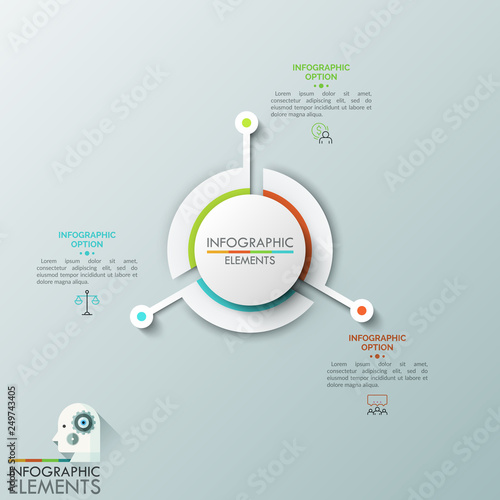 Round chart divided into 3 sectors with long projecting parts, thin line pictograms and text boxes. Three main features of business development process. Vector illustration for presentation, report.