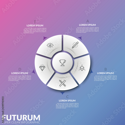Circular diagram divided into 5 sectors and central round element with thin line signs and arrows pointing at text boxes. Cyclic process visualization. Infographic design layout. Vector illustration.