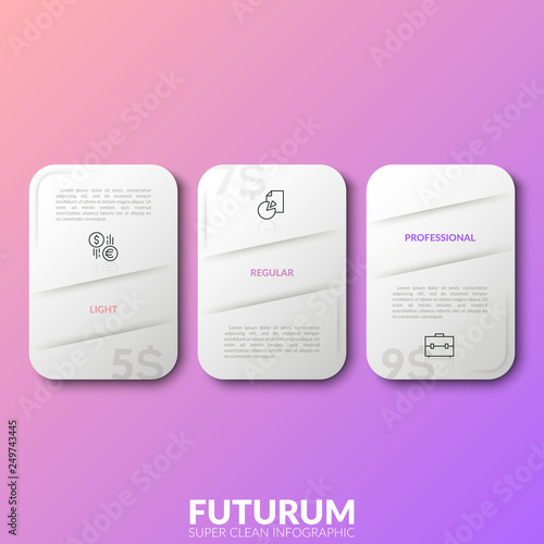 Three separate white rounded rectangles with headings, thin line icons, price indication and place for text. Concept of 3 website subscription plans. Infographic design template. Vector illustration.