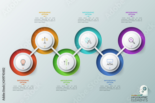 Six round elements with letters and linear icons inside connected by zigzag line. Successive steps of business development concept. Modern infographic design template. Vector illustration for report.