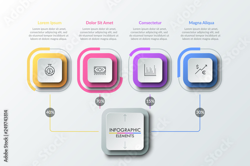 Four linear pictograms inside colorful squares connected with main element by lines with percentage indication. Flowchart. Creative vector illustration for presentation, statistical report, brochure.
