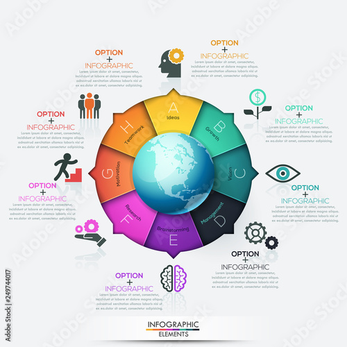 Round pointer with planet in center divided into 8 colorful pieces with letters and arrows pointing at icons, text boxes. Eight opportunities of global development. Infographic design template.