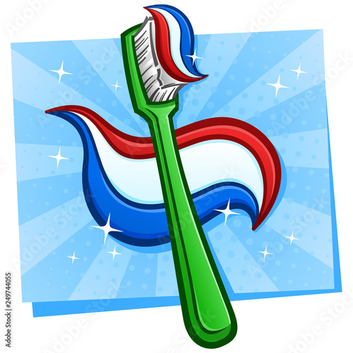 A sparkling clean bright green plastic tooth brush with a big gob of red white and blue toothpaste