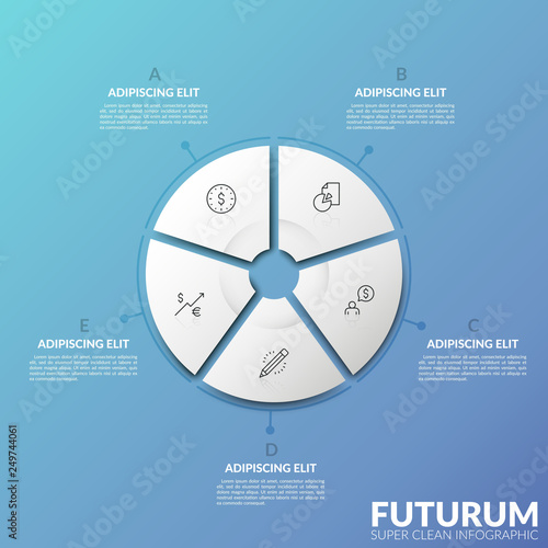 Round chart divided into 5 sectors with thin line icons inside and surrounded by text boxes against gradient background. Modern infographic design template. Vector illustration for web presentation.