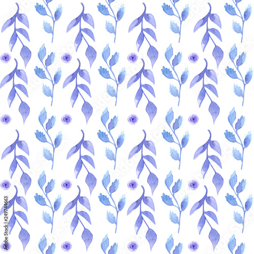 Watercolor pattern with watercolor sprigs  leaves and flowers on a white background. Well suited for printing on fabrics. Colors are gray and blue.