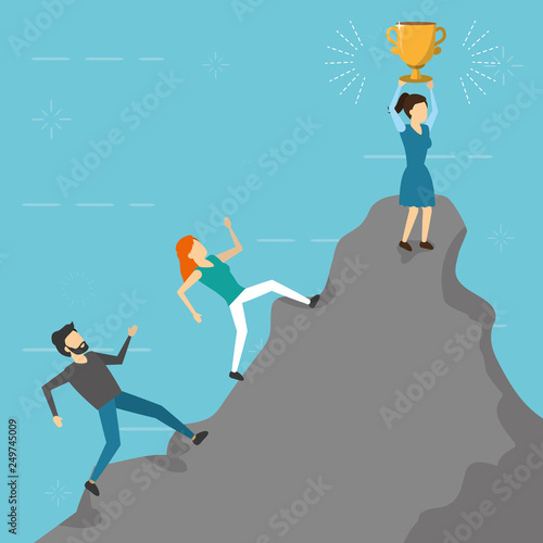 business people climbing mountain trophy