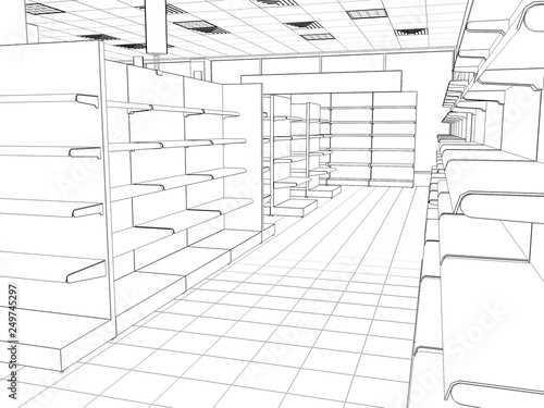 shop, store, contour visualization, 3D illustration, sketch, outline