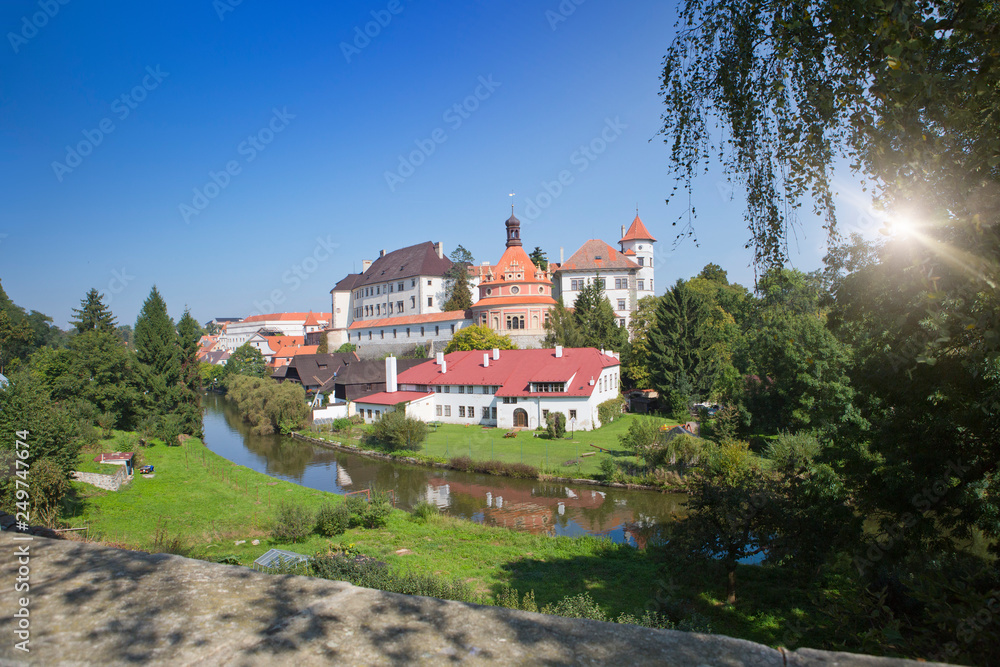 Beautiful renaissance style castle, 16th century, with Roundel pavilion on the hill near the river Nezarka in Jindrichuv Hradec. Czech Republic