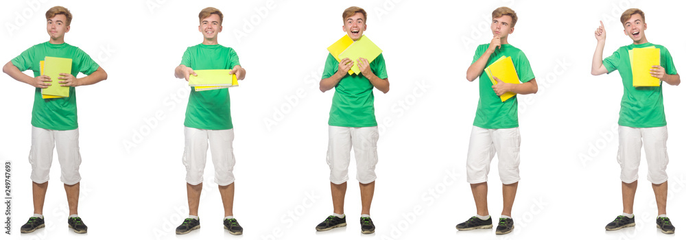 Young student with notes isolated on white Young student with notes isolated on white