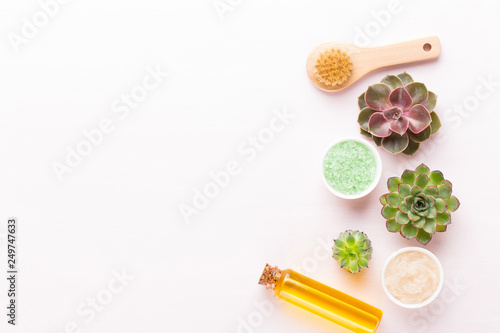 Spa background with handmade bio cosmetic and  cactus composition, flat lay, space for a text - Image.