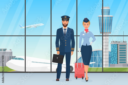 Smiling airport personal pilot and stewardess standing before the view on taking off plane and observation tower cartoon vector illustration.