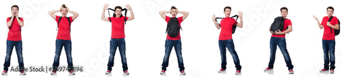 Young student with backpack isolated on white 