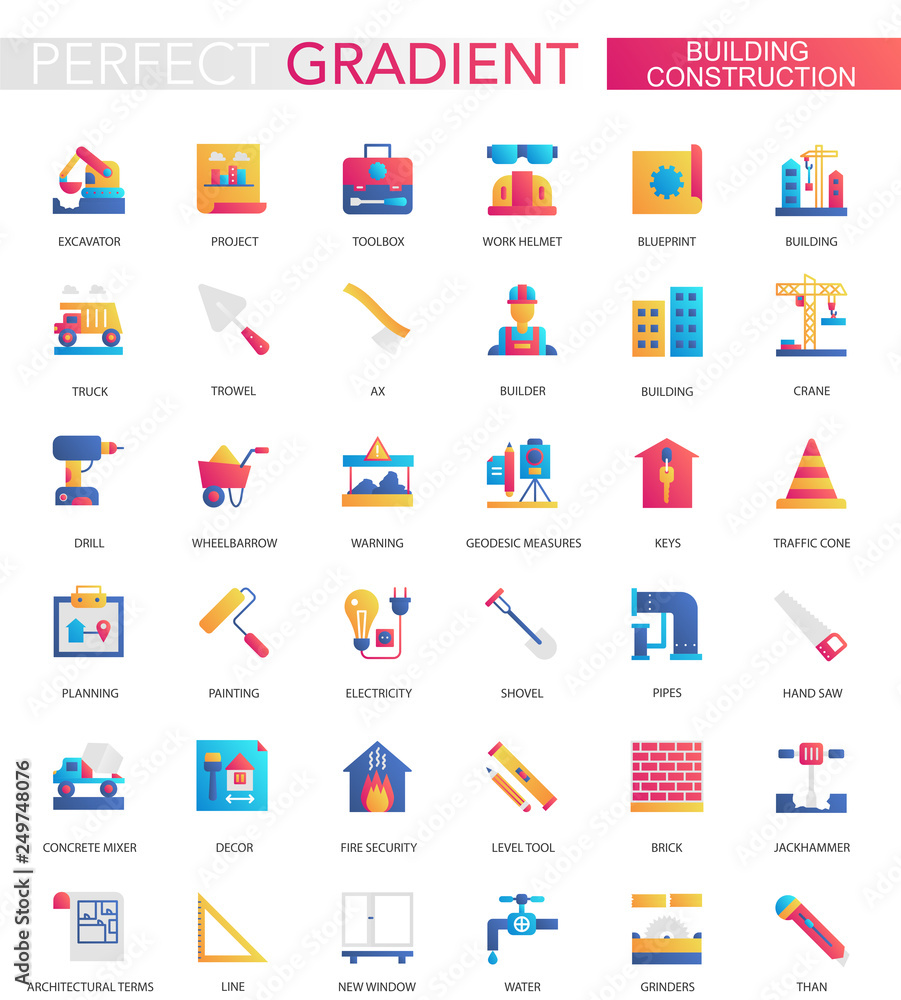 Vector set of trendy flat gradient Building, architect, working tools and construction icons.
