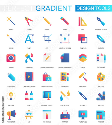 Vector set of trendy flat gradient Design development app tools icons.