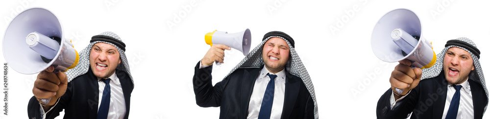 Fototapeta premium Arab businessman with megaphone isolated on white
