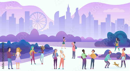 Group of people enjoying time, walking, communicating, have fun, date, talk, laugh in the evening city cartoon vector illustration.