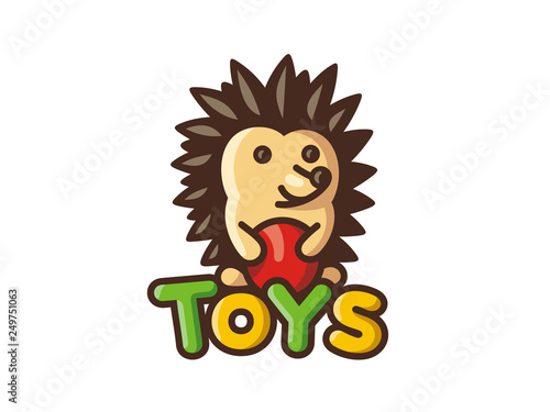 Fototapeta Naklejka Na Ścianę i Meble -  Toys logo. Vector template of a hedgehog. Children's shop. Positive character. White background.
