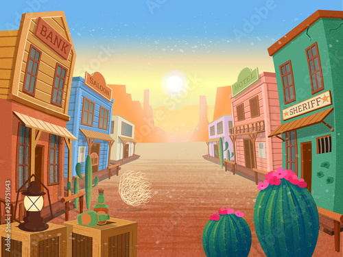  Western town.Vector illustration in cartoon style 
