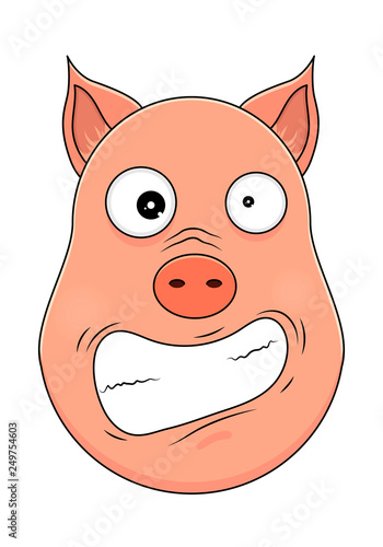 Head of pig in cartoon style. Vector illustration. Woodland animal head icon. Hysterical pig. Pig emotional head.