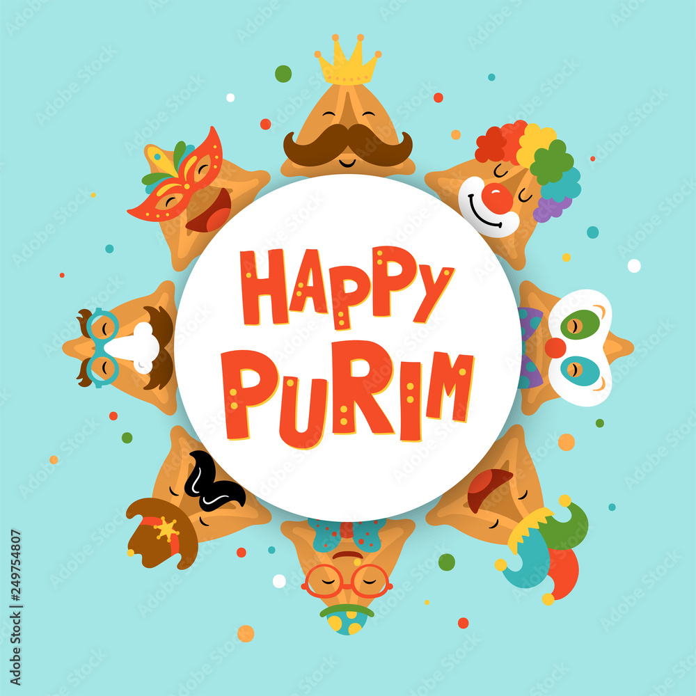 Fototapeta premium Purim holiday cute hamantaschen cookies funny cartoon characters banner design.