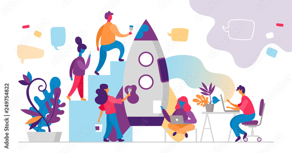 Fototapeta premium Start up and strategy concept with rocket and young people team